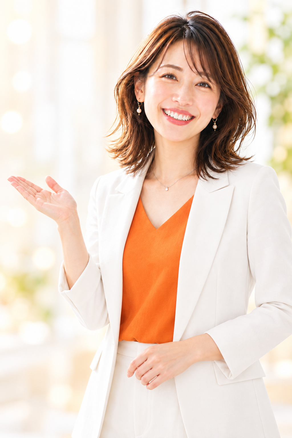 手のひらで勉強会の内容を案内する女性