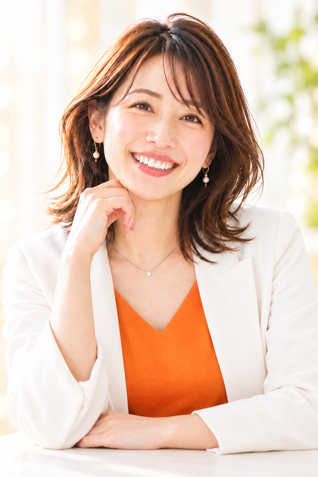 白いジャケットとオレンジのトップスを着て微笑む人物